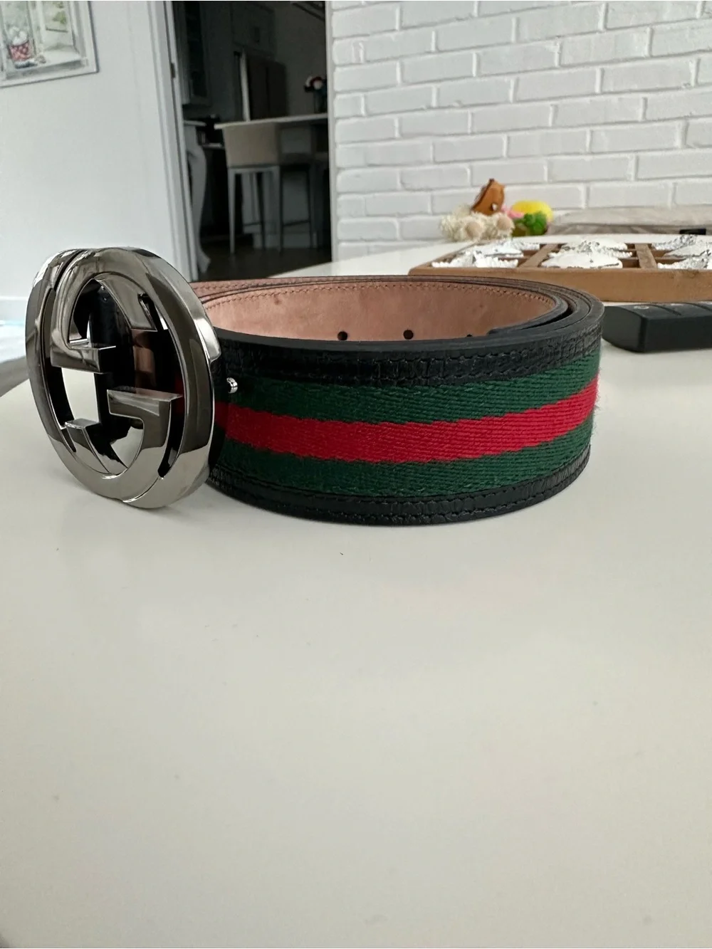 Gucci Green and Red Web Stripe Belt with Silver Double G Buckle